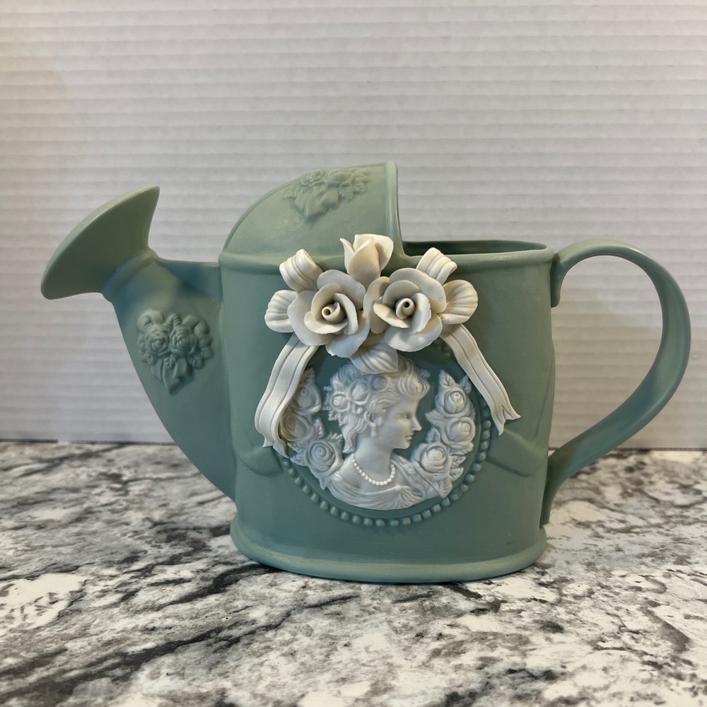 Sage Green Cameo Victorian Style Watering Can Planter with White Roses Decor